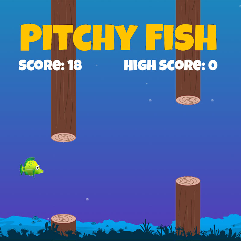A video-game-like image of a fish swimming between two logs. A comic sans, bright yellow text reads, 'Pitchy Fish! Score: 10. High Score: 0.