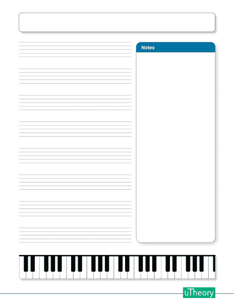 Staff paper with a piano on the bottom, and space to the right for note taking.