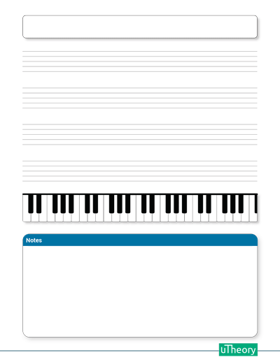 Staff paper with a piano in the middle, and space for notes below.