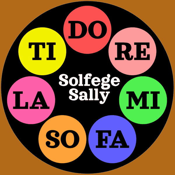The Solfege Sally game: A black circle with the words Solfege Sally in the middle, surrounded by colorful buttons labeled Do Re Mi Fa Sol La Ti Do.