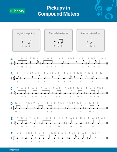 Handout showing eighth note, two eighth note, and quarter note pickups in compound meter, followed by rhythms beginning with pickups to count in 6/8 time.