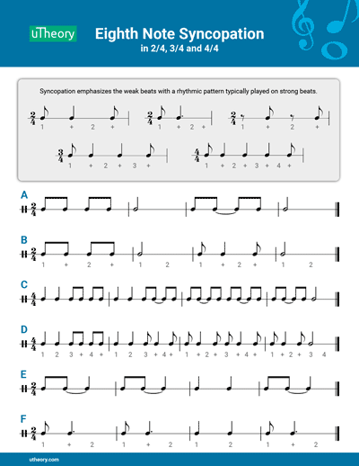 Handout showing counting for syncopated rhythms in 2/4, 3/4 and 4/4 time.