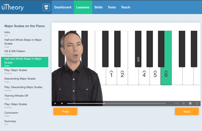 An image of a video lesson on uTheory showing a speaker in front of a piano, which has the first six notes of a D Major scale highlighted and labeled. To the left of the video is a table of contents for the lesson, to the top the main navigation menu for uTheory.