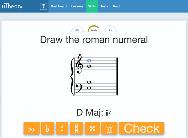 An image of a practice exercise in uTheory, in which the text 'Draw the Roman Numeral D Maj: ii7' appears, and a user has written E and B in the bass clef, and G and D in the treble clef.