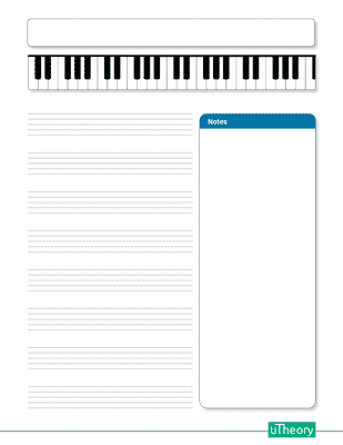 Staff paper with a piano on the top, and space to the right for note taking.